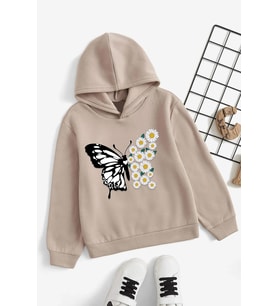 Papatya Kelebek Baskılı Erkek - Kız Çocuk Rahat Kalıp Sweatshirt (Bej)