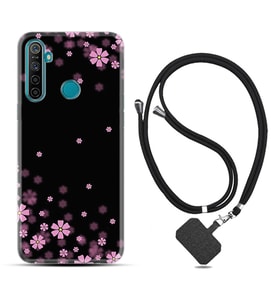 Realme 5i 5 Pro 6i 7 Pro 8 Kılıf Boyun Askılı Silikon Black flowers 1391