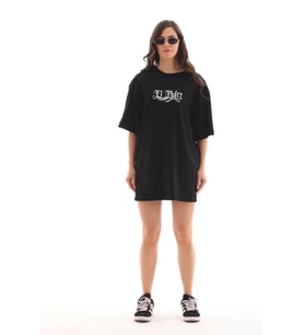 Unisex Bisiklet Yaka Baskılı Oversize T-Shirt - Siyah