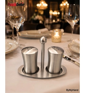 ByMyHand Paslanmaz Çelik Stantlı İnox Ev Lokanta ve Restoran İçin Tuzluk ve Karabiberlik 2'li Set