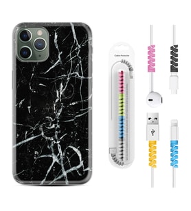 Apple iPhone 11 12 13 14 Pro Max Kılıf Kablo Koruma Spiral Silikon Black Marble 3 1382