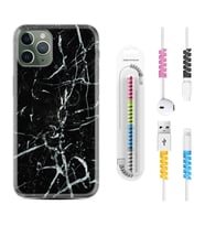 Apple iPhone 11 12 13 14 Pro Max Kılıf Kablo Koruma Spiral Silikon Black Marble 3 1382