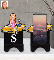 BK Gift Kişiye Özel Plakalı Kadın Lamborghini Karikatürlü Ahşap Biblo Telefon Standı-1