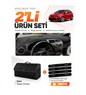 e-biz SEAT LEON (2005-2012) Uyumlu Torpido Örtüsü + Deri Bagaj Çantası Seti - Siyah - SE005