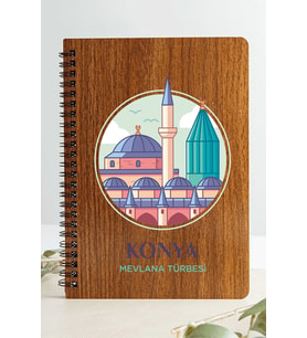 Konya Mevlana Türbesi Şehir Tasarım Ahşap Kapaklı Defter Özel Kraft Kâğıt (Ceviz Rengi)