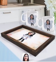 BK Gift Kişiye Özel Kadın Doktor Karikatürlü Doğal Ahşap Tepsi ve 2’li Kupa Bardak Seti-1