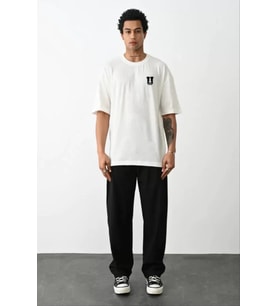 Unisex Bisiklet Yaka Baskılı Oversize T-Shirt - Beyaz