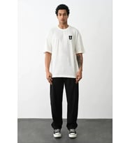 Unisex Bisiklet Yaka Baskılı Oversize T-Shirt - Beyaz