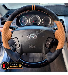 Hyundai Santa Fe Dikme Direksiyon Kılıfı Delikli Deri Parlak Siyah Taba Detay Çift Yüzük ve Dikiş 2001-2006