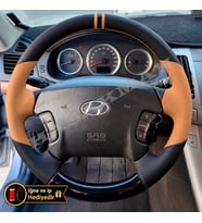 Hyundai Santa Fe Dikme Direksiyon Kılıfı Delikli Deri Parlak Siyah Taba Detay Çift Yüzük ve Dikiş 2001-2006