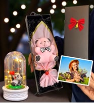 Size Özel Fotoğraflı Kutuda Pembe Peluş Ayıcık ve Led Işıklı Biblolu Fanus (Model 8)