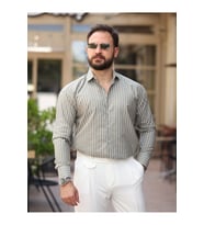 Çizgili Dik Yakalı Old Money Gömlek (Haki)