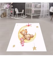 Ayda Sallanan Ayıcık Desen Renkli Dijital Baskı Yıkanabilir Kaymaz Taban Bebek ve Çocuk Odası Halısı (Beyaz)