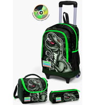 Coral High Kids Koyu Yeşil Siyah Dinazor Desenli Çekçekli 3'lü Çanta Seti SET0123925