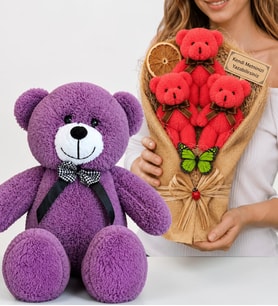 Kişiye Özel Peluş Ayıcık Buketi ve 50 cm Büyük Boy Mor Peluş Ayıcık Hediye Seti