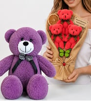 Kişiye Özel Peluş Ayıcık Buketi ve 50 cm Büyük Boy Mor Peluş Ayıcık Hediye Seti