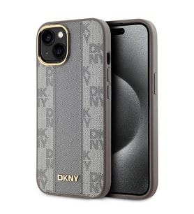 Apple iPhone 15 Uyumlu Kılıf DKNY Orjinal Lisanslı M-safe Şarj Özellikli 3D Yazılı Checkered Pattern Kapak (Krem)