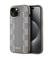 Apple iPhone 15 Uyumlu Kılıf DKNY Orjinal Lisanslı M-safe Şarj Özellikli 3D Yazılı Checkered Pattern Kapak (Krem)