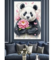 Çiçekli Sevimli Panda Portresi Dekoratif Kanvas - Mdf Ahşap Tablo