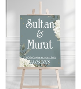 Söz Nişan Düğün İçin 50x70 Karşılama Panosu - Beyaz Çiçek ve Turkuaz Tasarımlı