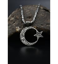 Kelime-i Tevhid ve Bismillah Yazlı Ay Yıldızlı 925 Ayar Gümüş Kolye Kral Zincir 2Mm 901592