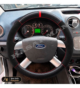 Ford Focus Dikme Direksiyon Kılıfı Alcantara Süet Mat Karbon Kırmızı Yüzük ve Dikiş Trend-Style-Ghia-Titanium 2004-2011
