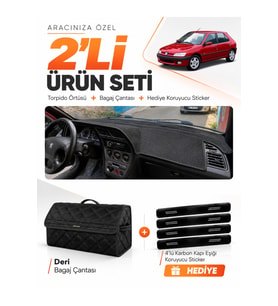 PEUGEOT 306 (1993-2002) Uyumlu Torpido Örtüsü + Deri Bagaj Çantası + Sticker Seti - Siyah