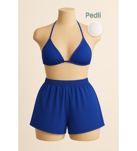 Kadın Mavi Şortlu Belden ve Boyundan Bağlamalı Bikini Takımı