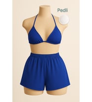 Kadın Mavi Şortlu Belden ve Boyundan Bağlamalı Bikini Takımı