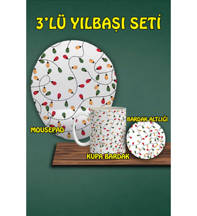 Yılbaşı Temalı 3'lü Bilek Destekli Mousepad Kupa Ve Bardak Altlığı Seti