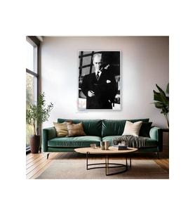 Siyah Beyaz Atatürk Portresi Metal Çerçeveli Cam Tablo Mustafa Kemal Atatürk Tablo Ev Ofis Dekoru (Gümüş)