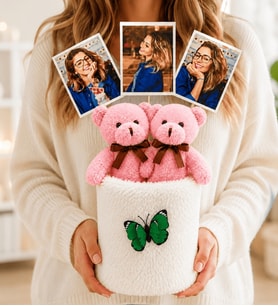 Kişiye Özel 3 Fotoğraflı Peluş Ayıcıklı Anı Buketi Sevgiliye Kadına Anneye Arkadaşa Hediye (beyaz-pembe)