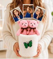 Kişiye Özel 3 Fotoğraflı Peluş Ayıcıklı Anı Buketi Sevgiliye Kadına Anneye Arkadaşa Hediye (beyaz-pembe)