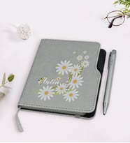 BK Gift Kişiye Özel Papatya Temalı Gri Termo Deri Defter Kalem Seti-1