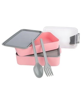 ÜçKol Ticaret 2 Bölmeli Çok Amaçlı 900 ml Kapasiteli Çatal Kaşıklı Dayanıklı Beslenme Kabı Yiyecek Kutusu (Gri - Pembe)