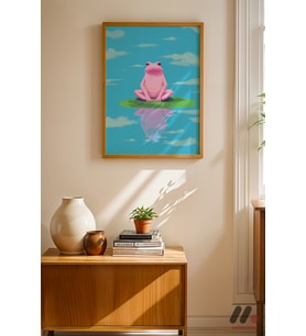 Pembe Kurbağa Nilüfer, Ahşap Çerçeveli Duvar Tablosu - Modern Ev Dekorasyonu