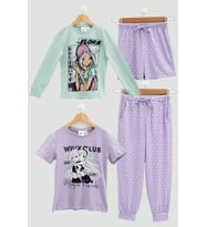 4'lü Winx Baskılı Tshirt Şort Pantolon Lila Takım 