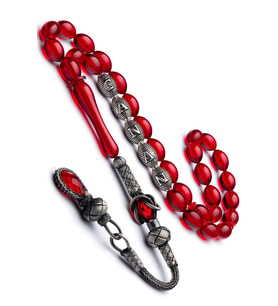 Gümüş Püsküllü Gümüş Harfli 7x11mm Kırmızı Ateş Kehribar Tesbih