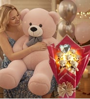 90 Cm Peluş Ayı ve LED Işıklı Romantik Balonlu Sütlü Kahve Ayıcık Buketi Anneler Günü Doğüm Günü Hediyesi (Açık Pembe)