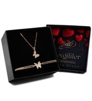 Sevgililer Gününe Özel Tasarım Zirkon Taşlı Gold Renk Kelebek Kolye & Kelebek Bileklik Seti