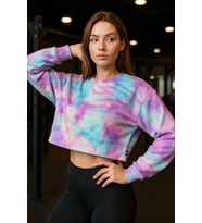 Kadın Batik Desen Renkli Crop Oversize Relaxed Uzun Kollu Sweatshirt