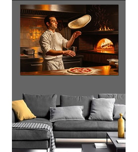 Pizza Hamuru Açan Usta Şef Dekoratif Kanvas - Mdf Ahşap Tablo