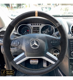 Mercedes ML W164 Dikme Direksiyon Kılıfı Alcantara Süet Mat Karbon Bej Yüzük ve Dikiş SUV-4 Kollu-Geniş Yuvarlak 2005-2011