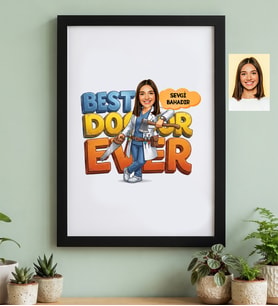 Kişiye Özel Karikatürlü Kadın Doktor Siyah Çerçeve Tıp Bayramı Hediyesi