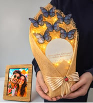 Kişiye Özel Fotoğraflı Led Işıklı Aynalı Büyük Boy Mavi Kelebek Buketi  Romantik Hediye