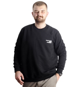 Mode XL Büyük Beden Erkek Sweathirt Bisiklet Yaka Nakışlı Sweat 23525 Siyah