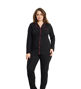 Alperi 79-42 Büyük Beden Boydan Düğmeli Gömlek Uzun Kol Pijama Takımı (Siyah)