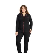 Alperi 79-42 Büyük Beden Boydan Düğmeli Gömlek Uzun Kol Pijama Takımı (Siyah)