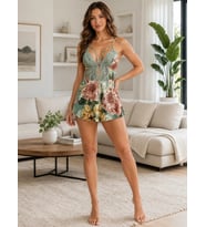 Kadın Çiçek Motifli Göğüs Dekolte Detaylı Dantel İşlemeli İnce Askılı Şortlu Babydoll Özel Tasarım