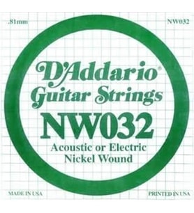 D'Addario NW032 Nickel Wound Elektro/Akustik Gitar Tek Teli - .032 (Aksesuar) Standart Gerilim, Esnek Çalım Hissiyatı ve Dayanıklı Çelik Çekirdek Yapısı
